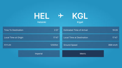 A flight details screen giving information about the trip between Helsinki and Kigali. The values are shown in metric units, but the active measurement is only indicated with a slight color change