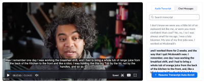A screenshot from Zoom with auto-generated captioning and search within