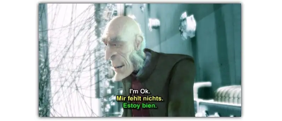 A screenshot with subtitles in three languages placed in three rows