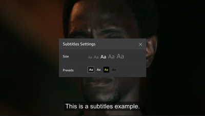 A screenshot with Amazon Prime’s subtitles option with presets for size and a few presets for various high contrast options