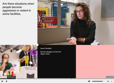 A screenshot from Ethics for Design where subtitles and supplementary information about the speaker are integrated into the video content