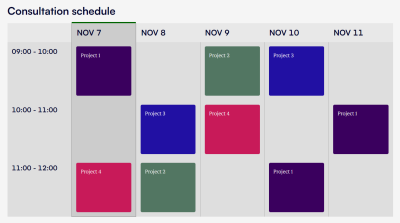 An example of a complex calendar where each day is divided into 1-hour slots
